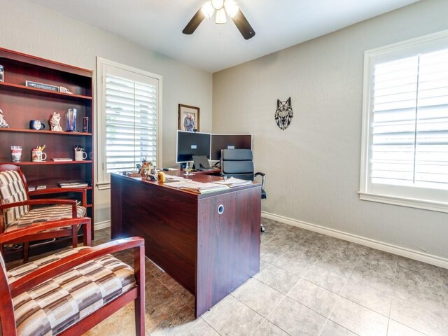 12151 Crestline Ave, Dallas, TX 75244 - home office featuring ceiling fan, baseboards, and light tile patterned flooring