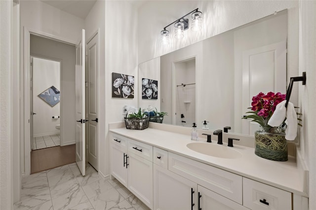 2901 Little Wonder Ln, Northlake, TX 76247 - bathroom featuring toilet, marble finish floors, vanity, and a shower