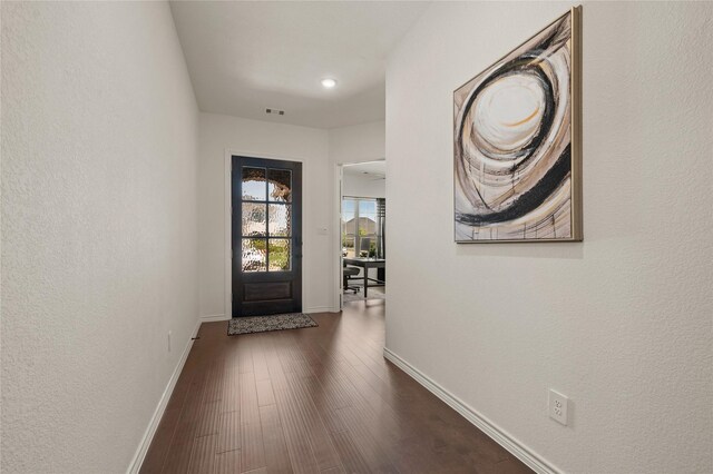 2901 Little Wonder Ln, Northlake, TX 76247 - doorway featuring baseboards, dark wood finished floors, recessed lighting, and a textured wall