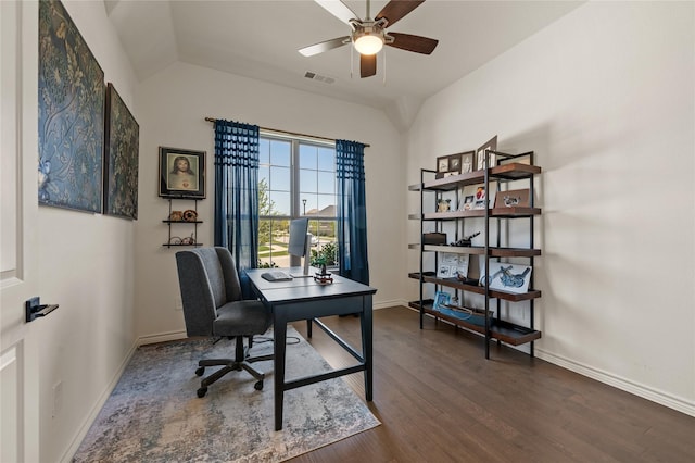 2901 Little Wonder Ln, Northlake, TX 76247 - office with ceiling fan, dark wood finished floors, baseboards, and vaulted ceiling
