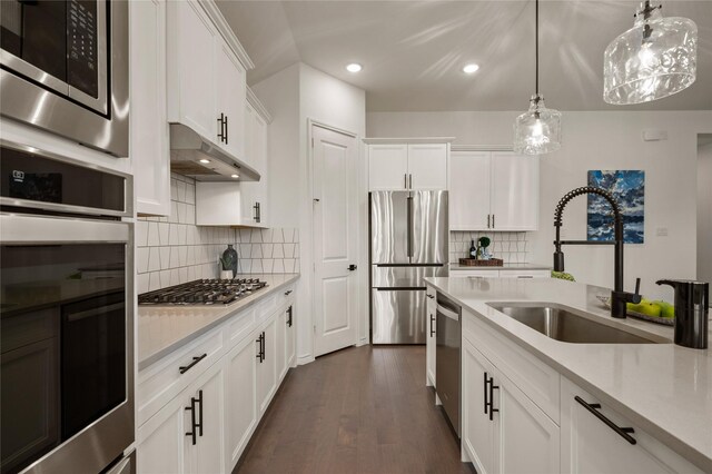 2901 Little Wonder Ln, Northlake, TX 76247 - kitchen with appliances with stainless steel finishes, a sink, under cabinet range hood, light countertops, and recessed lighting