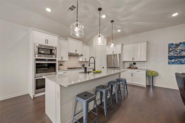 2901 Little Wonder Ln, Northlake, TX 76247 - kitchen with stainless steel appliances, a sink, under cabinet range hood, dark wood finished floors, and tasteful backsplash
