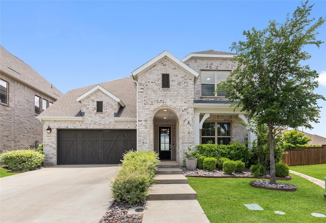 2415 Preakness Pl, Celina, TX 75009 - french country home featuring brick siding, a garage, driveway, and roof with shingles