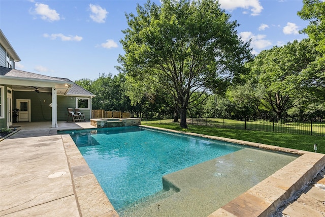 410 W Estelle Ln, Lucas, TX 75002 - view of swimming pool with ceiling fan, a patio, a pool with connected hot tub, and view of wooded area
