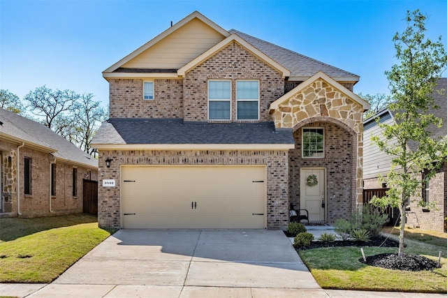 3932 Oak Creek Cir, Denison, TX 75020 - view of front of property featuring brick siding, concrete driveway, an attached garage, and a front yard