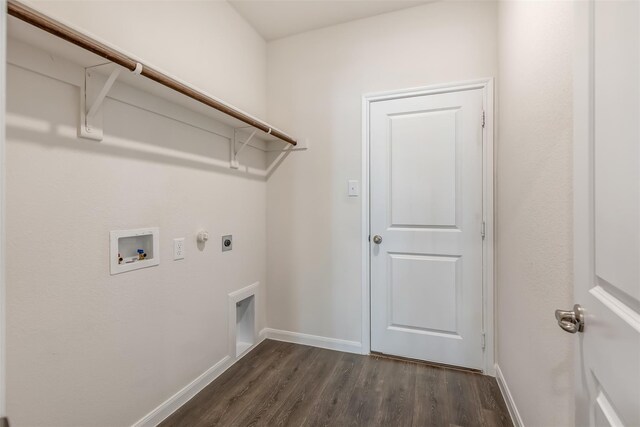 3932 Oak Creek Cir, Denison, TX 75020 - laundry room featuring hookup for an electric dryer, dark wood-style flooring, hookup for a washing machine, baseboards, and hookup for a gas dryer