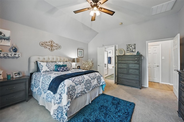 2813 Calico Rock Dr, Fort Worth, TX 76131 - bedroom with light carpet, vaulted ceiling, ceiling fan, and ensuite bath