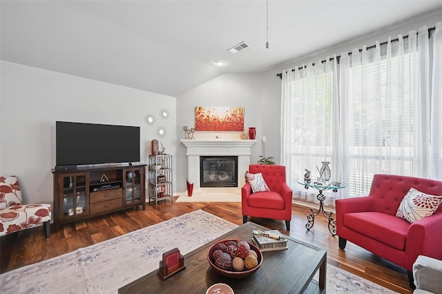 2813 Calico Rock Dr, Fort Worth, TX 76131 - living area with lofted ceiling, a glass covered fireplace, and wood finished floors