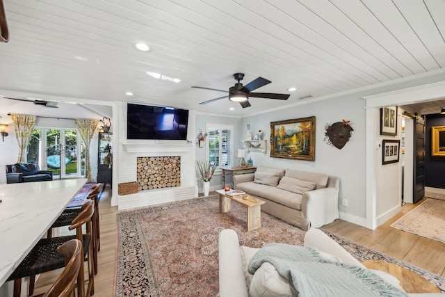 8538 Grenadier Dr, Dallas, TX 75238 - living area featuring ornamental molding, light wood-type flooring, a fireplace, recessed lighting, and baseboards