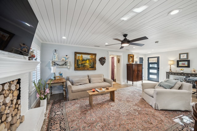 8538 Grenadier Dr, Dallas, TX 75238 - living area with recessed lighting, wooden ceiling, ceiling fan, a fireplace, and plenty of natural light