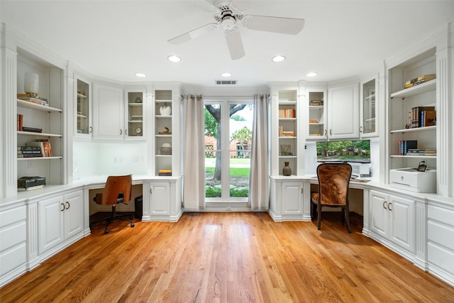4710 Bobbitt Dr, Dallas, TX 75229 - office space featuring built in study area, light wood-style floors, a ceiling fan, recessed lighting, and built in shelves