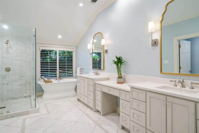 4710 Bobbitt Dr, Dallas, TX 75229 - full bathroom featuring ornamental molding, double vanity, a stall shower, a soaking tub, and tile patterned flooring