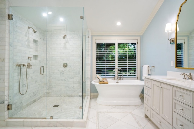 4710 Bobbitt Dr, Dallas, TX 75229 - full bathroom with a freestanding bath, vanity, crown molding, tile patterned flooring, and a shower stall