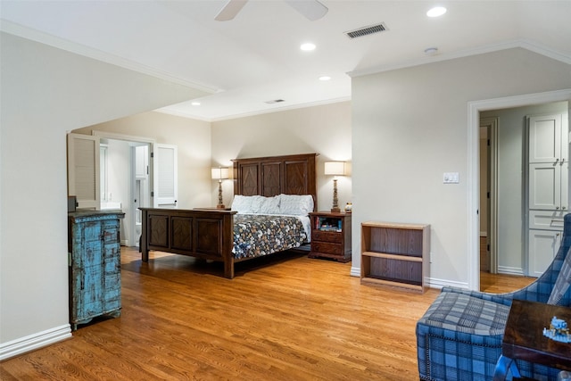 4710 Bobbitt Dr, Dallas, TX 75229 - bedroom with light wood-type flooring, ornamental molding, baseboards, recessed lighting, and ceiling fan