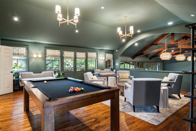 4710 Bobbitt Dr, Dallas, TX 75229 - rec room with a chandelier, lofted ceiling, billiards table, healthy amount of natural light, and recessed lighting