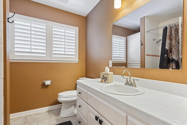 1345 Stillwater Rd, Waco, TX 76708 - bathroom with toilet, tile patterned flooring, vanity, baseboards, and a shower with curtain