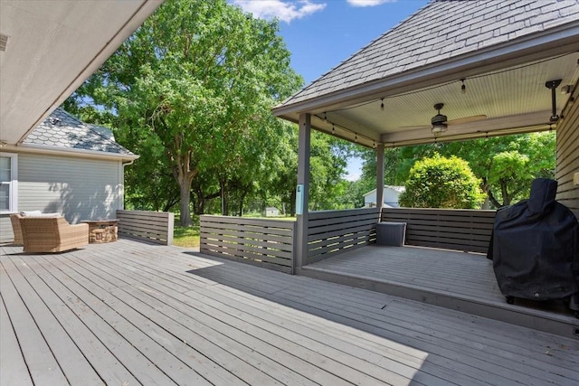1345 Stillwater Rd, Waco, TX 76708 - wooden terrace with a ceiling fan and grilling area