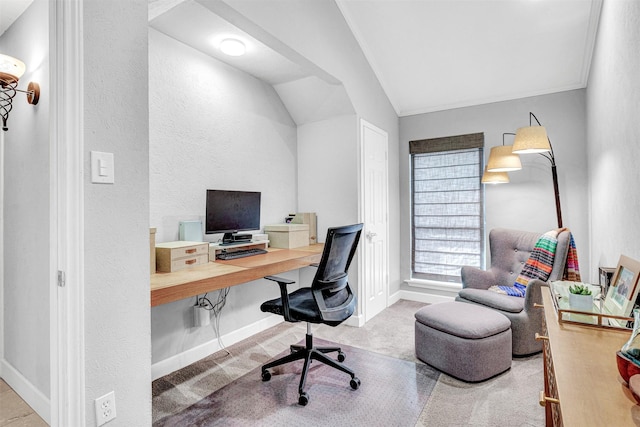 4218 High Star Ln, Dallas, TX 75287 - carpeted office with lofted ceiling, baseboards, a textured wall, and crown molding