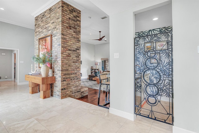 4218 High Star Ln, Dallas, TX 75287 - tiled entryway featuring baseboards, a ceiling fan, recessed lighting, ornamental molding, and a towering ceiling