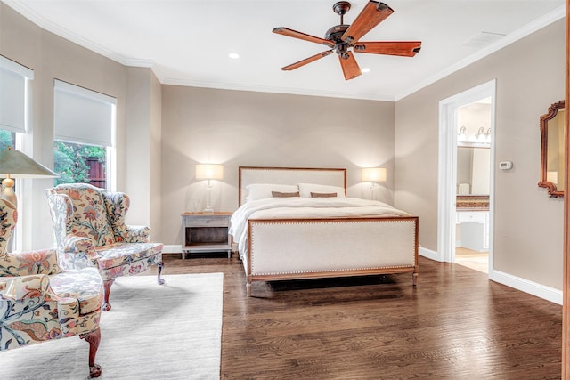 5861 Broadwell Dr, Plano, TX 75093 - bedroom featuring wood finished floors, baseboards, ornamental molding, ensuite bath, and recessed lighting