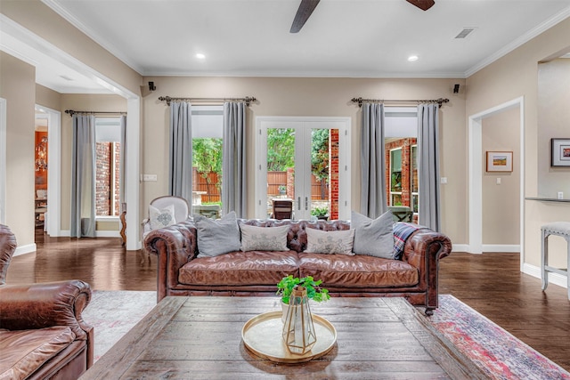 5861 Broadwell Dr, Plano, TX 75093 - living area with a ceiling fan, wood finished floors, baseboards, recessed lighting, and crown molding