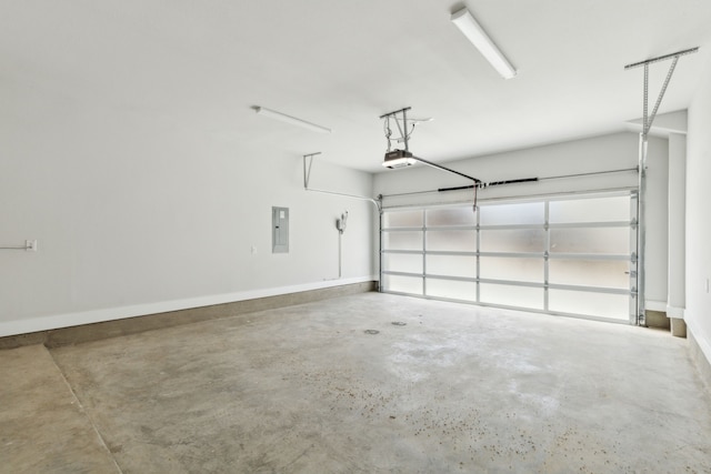 8289 Emsworth Dr, Dallas, TX 75231 - garage featuring a garage door opener, electric panel, and baseboards