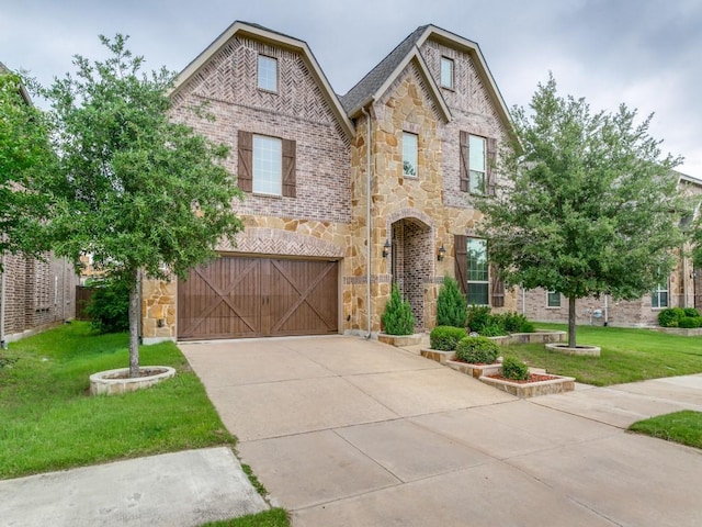 1015 Mountain Laurel Dr, Euless, TX 76039 - view of front of house with stone siding, a garage, concrete driveway, a front yard, and brick siding