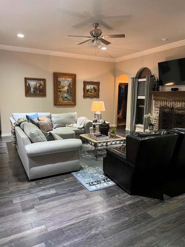 105 Troon Dr, Willow Park, TX 76008 - living room with ceiling fan, arched walkways, wood finished floors, ornamental molding, and recessed lighting