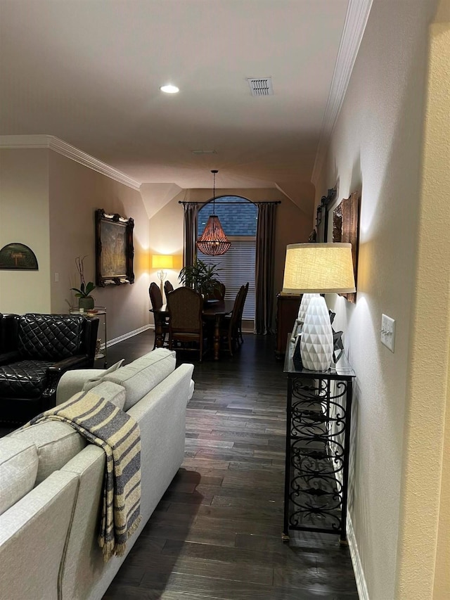 105 Troon Dr, Willow Park, TX 76008 - living area with crown molding, baseboards, lofted ceiling, dark wood-style floors, and recessed lighting