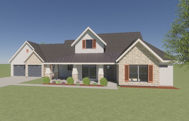 LOT11 Hemlock Pr Unit 1262, Brashear, TX 75420 - view of front of home with stone siding, driveway, a front yard, a garage, and a standing seam roof