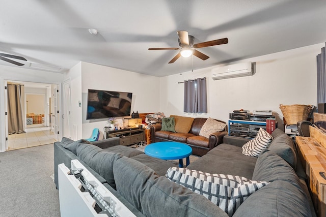 carpeted living room featuring a wall mounted air conditioner and ceiling fan