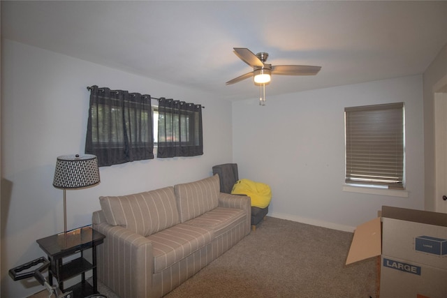 1524 Daywood Ln, Irving, TX 75061 - living room featuring ceiling fan, carpet floors, and baseboards