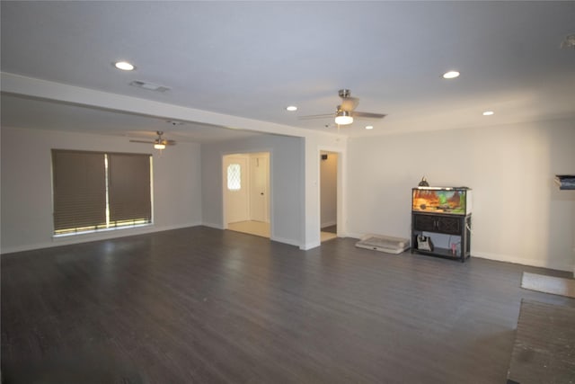 1524 Daywood Ln, Irving, TX 75061 - unfurnished living room with a ceiling fan, recessed lighting, dark wood finished floors, and baseboards
