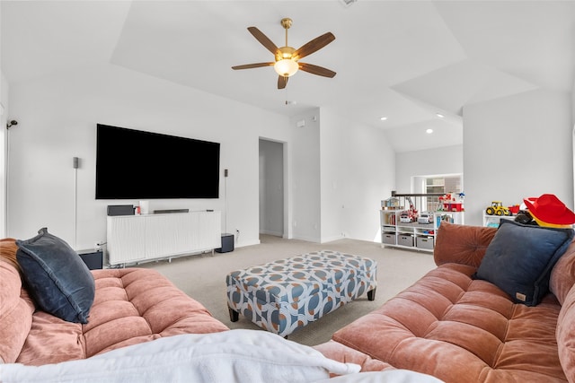 3536 E Cheney Ave, Celina, TX 75009 - carpeted living room with vaulted ceiling, a ceiling fan, recessed lighting, and baseboards