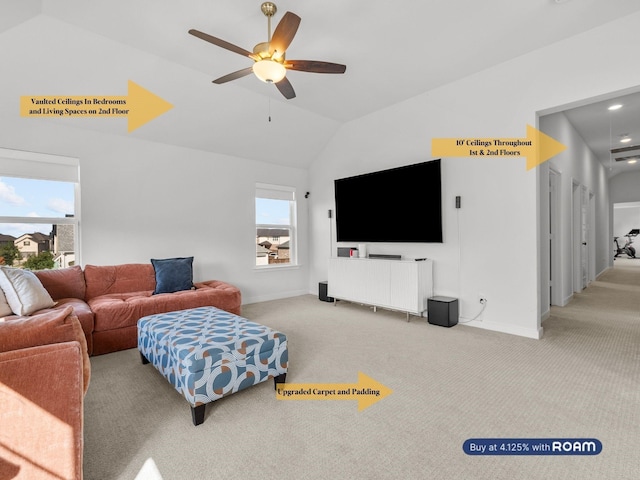 3536 E Cheney Ave, Celina, TX 75009 - carpeted living room featuring a ceiling fan, baseboards, and high vaulted ceiling