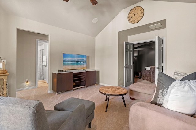 1704 Landon Ln, Mckinney, TX 75071 - living area featuring ceiling fan, vaulted ceiling, light carpet, and baseboards