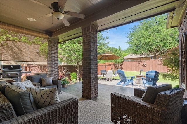 1704 Landon Ln, Mckinney, TX 75071 - view of patio with outdoor lounge area, a fenced backyard, outdoor dining area, a ceiling fan, and area for grilling