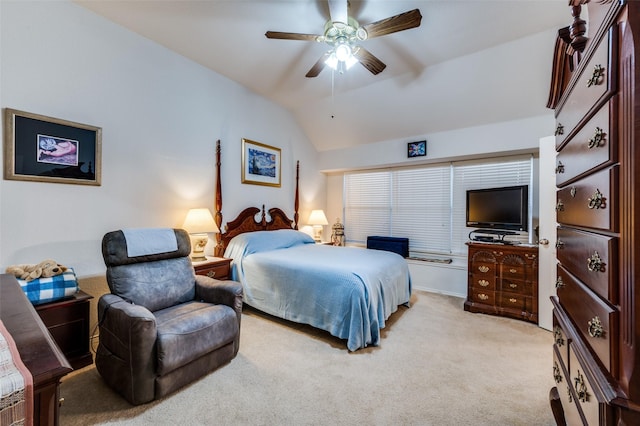 1699 Garrison Dr, Frisco, TX 75033 - bedroom with lofted ceiling, light colored carpet, and a ceiling fan