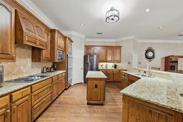 811 Shady Bend Dr, Kennedale, TX 76060 - kitchen with stainless steel appliances, an island with sink, dark wood-type flooring, premium range hood, and light stone counters