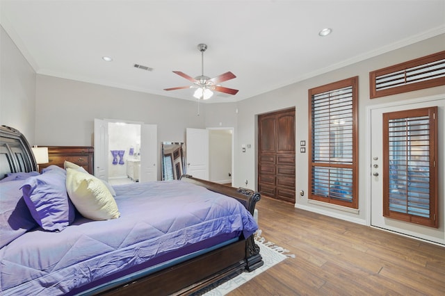 811 Shady Bend Dr, Kennedale, TX 76060 - bedroom with ornamental molding, wood finished floors, recessed lighting, connected bathroom, and ceiling fan