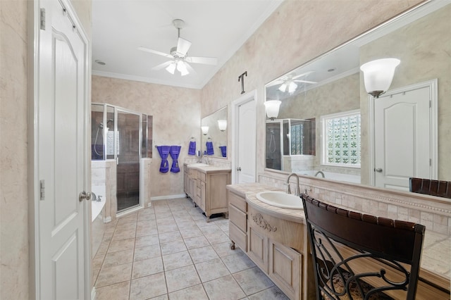 811 Shady Bend Dr, Kennedale, TX 76060 - bathroom featuring a ceiling fan, a stall shower, crown molding, two vanities, and tile patterned flooring