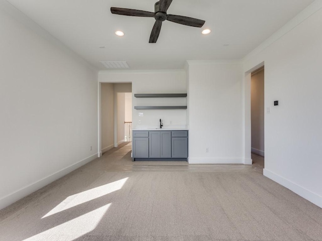 1045 Bent Tree Ln, Gunter, TX 75058 - unfurnished living room with light colored carpet, a ceiling fan, recessed lighting, ornamental molding, and baseboards