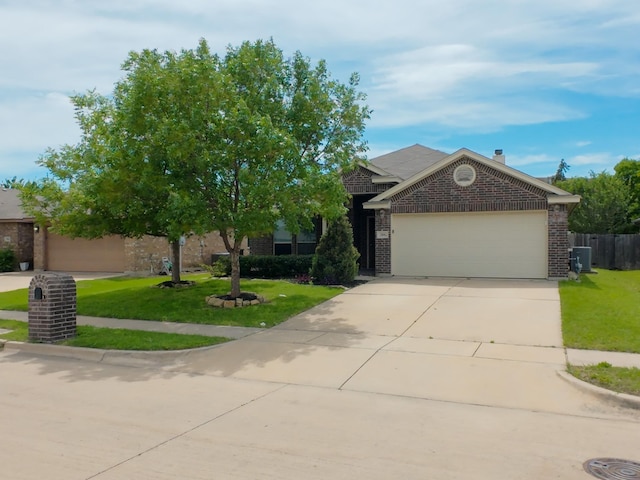 204 Spring Hollow Dr, Saginaw, TX 76131 - view of front of house with brick siding, a garage, concrete driveway, and central AC