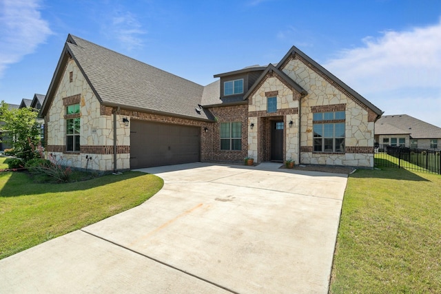 1038 Mickelson Dr, Granbury, TX 76048 - view of front of house featuring stone siding, concrete driveway, a shingled roof, and a garage