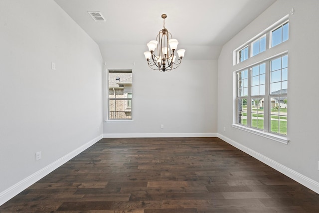 1038 Mickelson Dr, Granbury, TX 76048 - unfurnished dining area with a chandelier, healthy amount of natural light, dark wood-style flooring, and baseboards