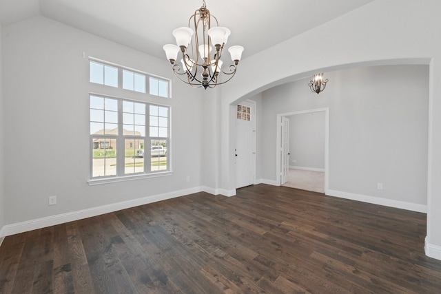 1038 Mickelson Dr, Granbury, TX 76048 - unfurnished dining area with a chandelier, arched walkways, dark wood-style floors, healthy amount of natural light, and vaulted ceiling