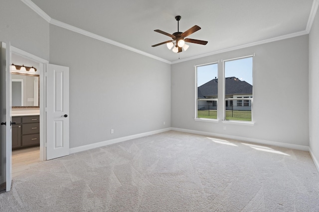 1038 Mickelson Dr, Granbury, TX 76048 - unfurnished bedroom with crown molding, light carpet, baseboards, ensuite bath, and a ceiling fan