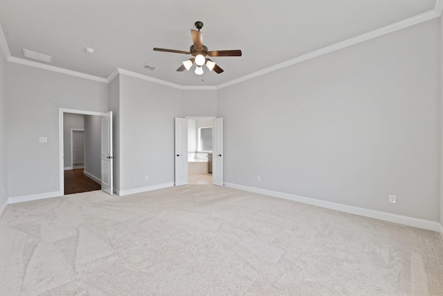 1038 Mickelson Dr, Granbury, TX 76048 - unfurnished bedroom featuring crown molding, light colored carpet, baseboards, ensuite bathroom, and a ceiling fan