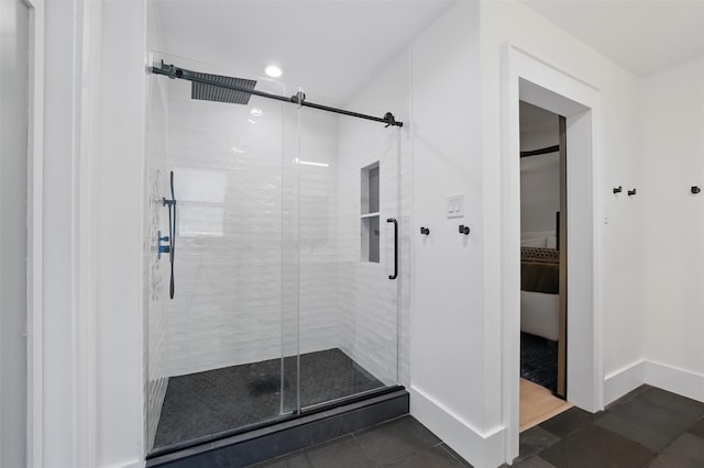 801 Edgefield Rd, Fort Worth, TX 76107 - full bath featuring a stall shower, baseboards, tile patterned floors, and recessed lighting