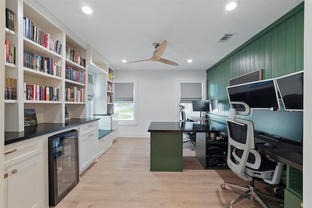 801 Edgefield Rd, Fort Worth, TX 76107 - office with beverage cooler, a ceiling fan, light wood finished floors, and recessed lighting